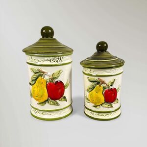 Vintage 3D Raised Fruit Porcelain Ceramic (2) Canister Set Japan Lemon Apple